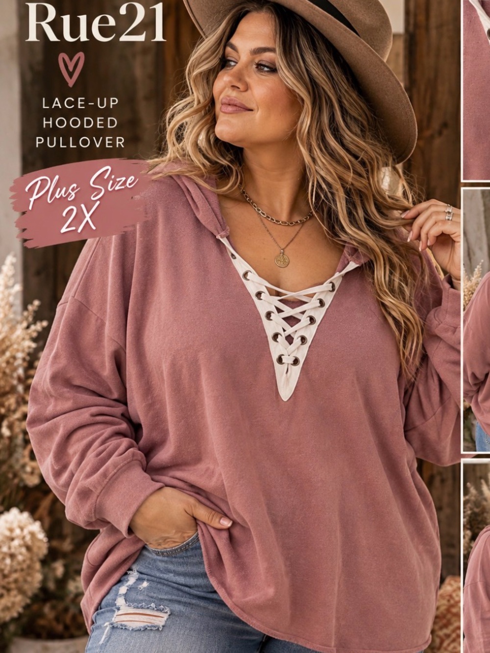 Rue Lace-Up - distressed- as is-Hooded Pullover in Dusty Rose